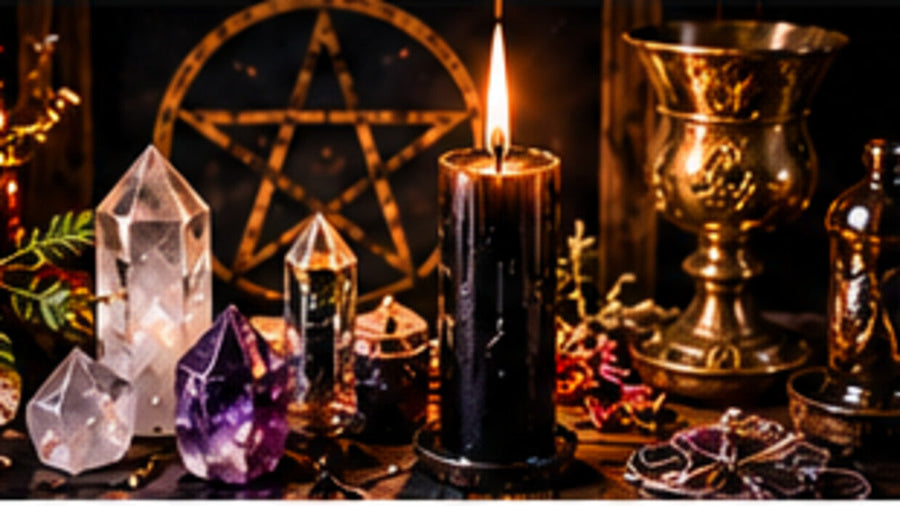 Ritual tools, chalice, crystals, and candles arranged for cleansing and consecration in Wiccan practice