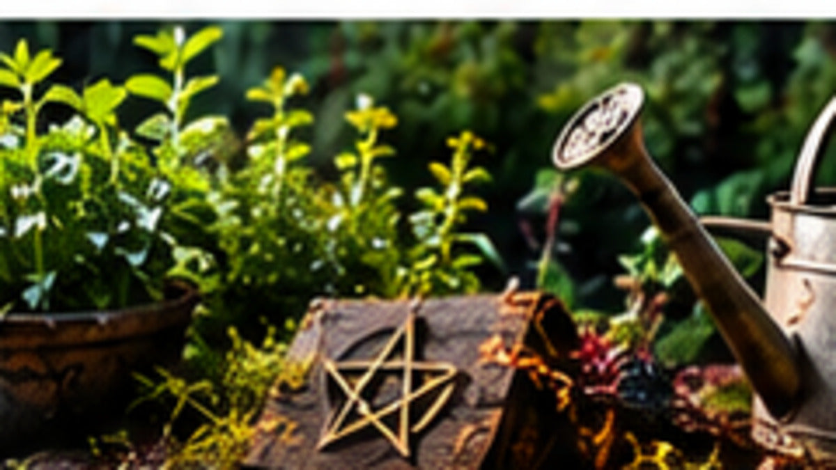 Herb garden with thriving plants, watering can, and ritual garden symbols representing green witchcraft practice