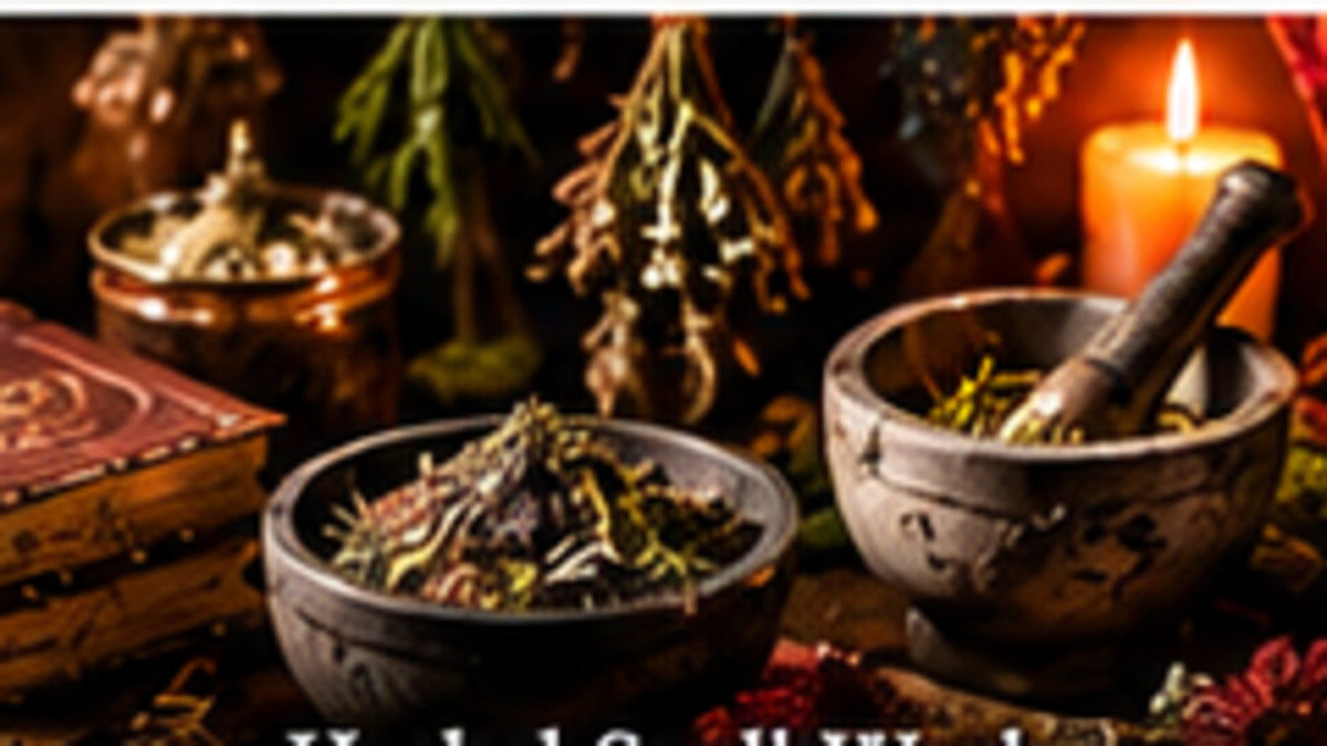 Practical herb worktable with mortar, dried plants, books, and candlelight for beginner kitchen witchcraft