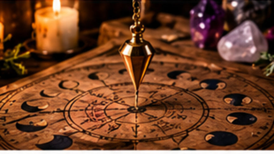 Divination tool suspended above a marked board representing responsible dowsing practice and interpreting movement