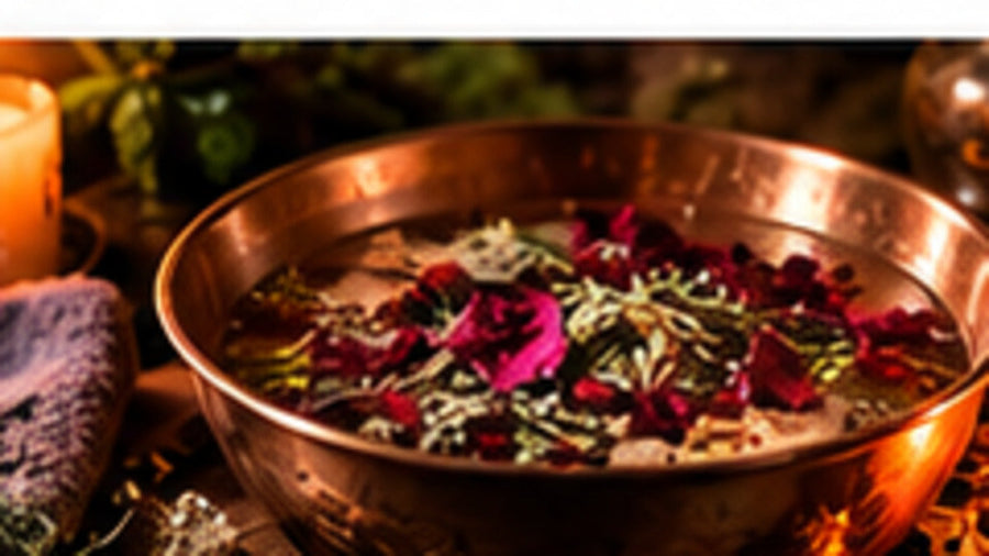 Water bowl with herbs, flowers, and candles representing spiritual cleansing water and ritual washes