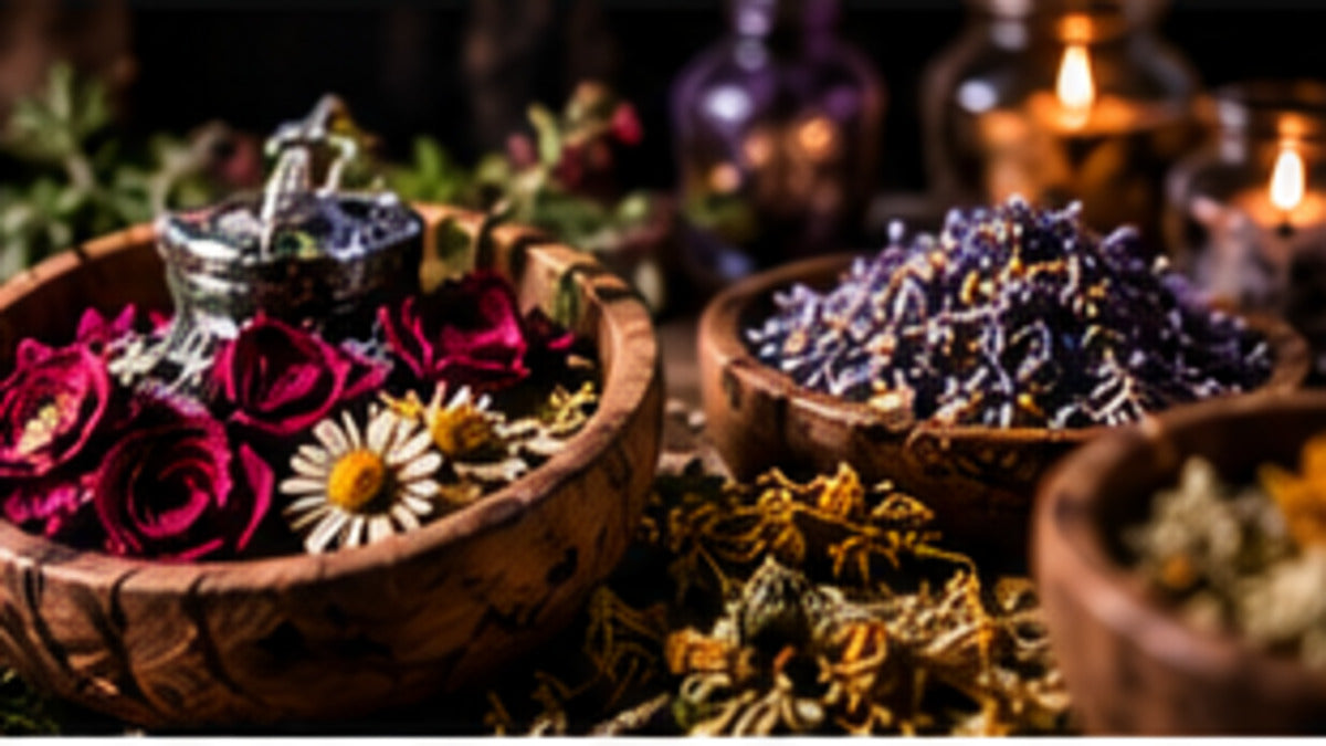 Assorted herbs and ritual materials representing thoughtful spell substitutions based on intent, function, tradition, and safety