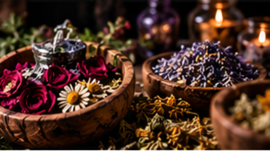 Dried ritual herbs and botanicals arranged for reading botanical names, plant parts, and safety information