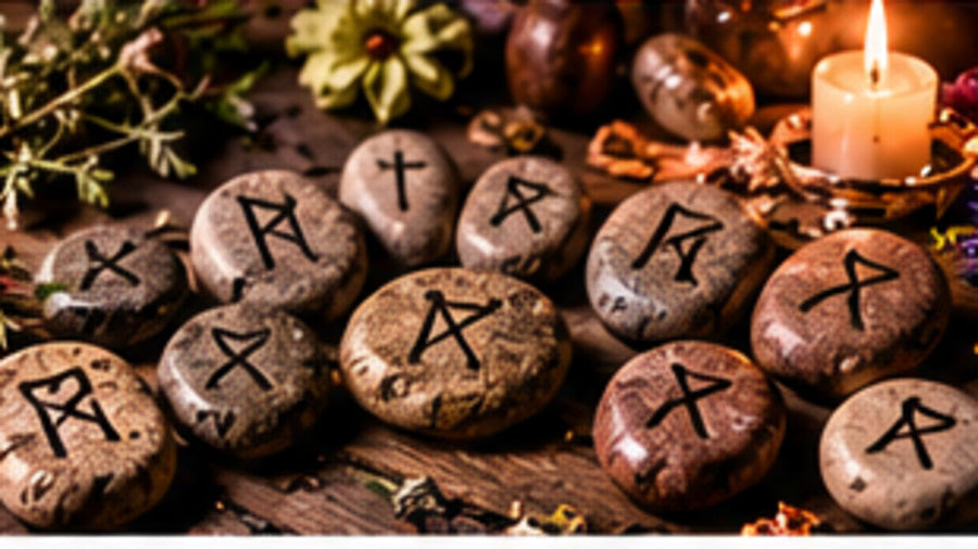 Rune-like carved symbols on stones representing Icelandic magical staves, Vegvisir, and the Helm of Awe