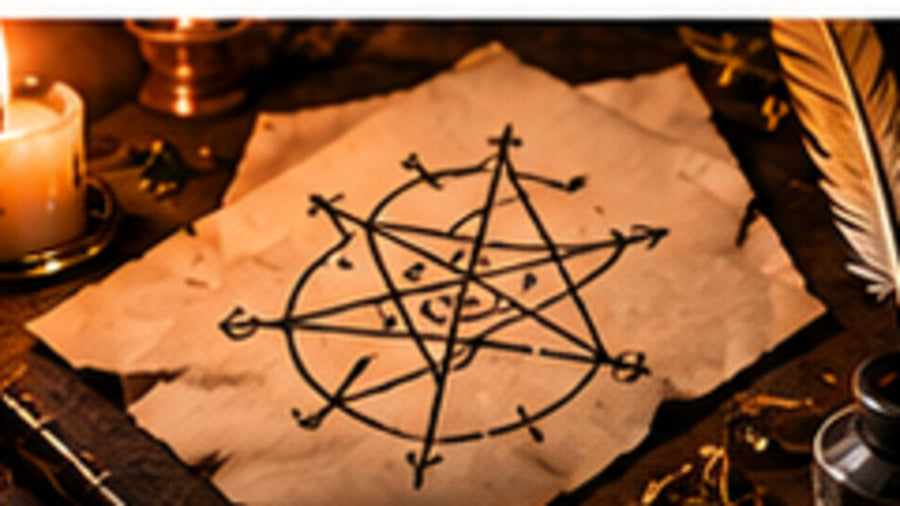 Completed sigil beside candlelight representing doubt, confidence, anxiety, obsession, and letting go after spellwork
