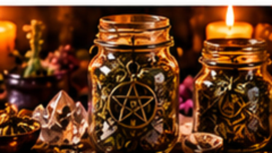 Glass spell jars filled with herbs and ritual materials representing the archaeology, history, and modern interpretation of witch bottles