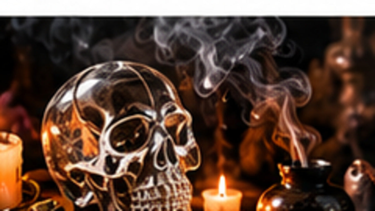 Skull-shaped specimen and ritual objects representing curios, bone art, natural specimens, and responsible oddity collecting