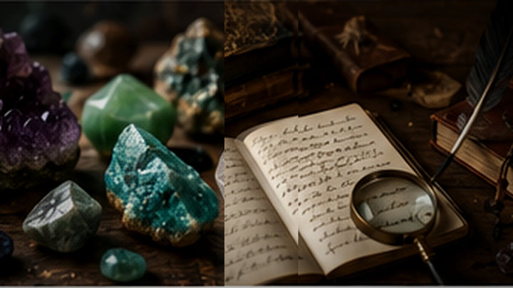 Mineral specimens beside a notebook and magnifying glass for documenting, appraising, and insuring a collection
