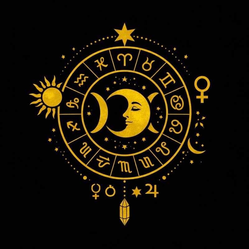 Astrology wheel with moon phases, zodiac signs, planetary symbols, and a Pagan ritual altar