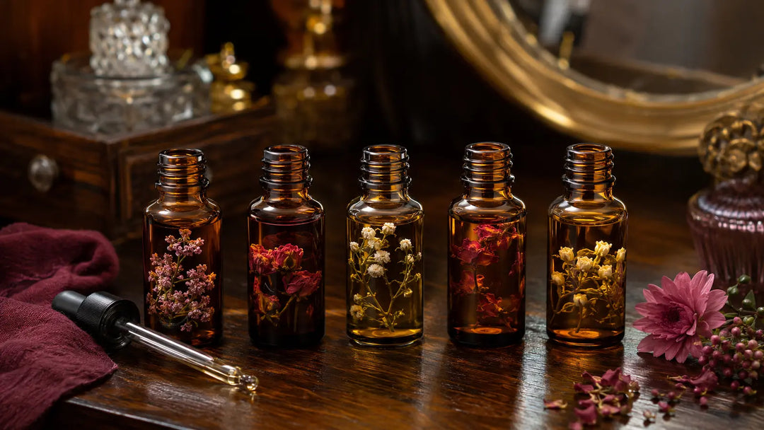 Five unlabeled amber ritual oil bottles with different botanical ingredients arranged for an attraction oil comparison