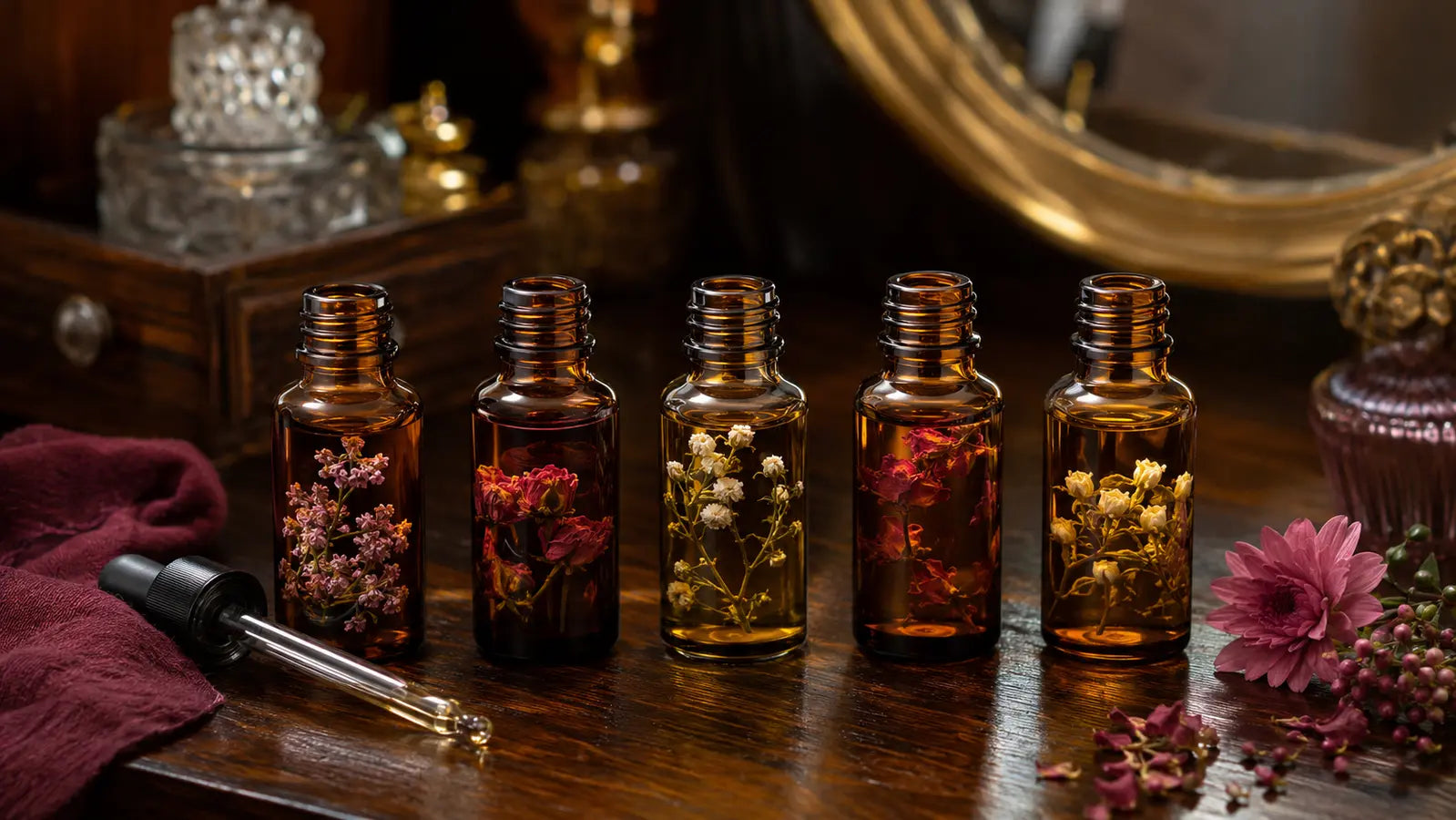 Five unlabeled amber ritual oil bottles with different botanical ingredients arranged for an attraction oil comparison
