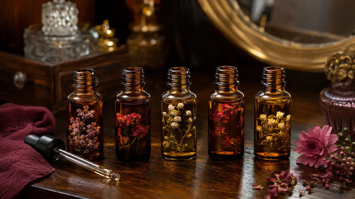 Five unlabeled amber ritual oil bottles with different botanical ingredients arranged for an attraction oil comparison