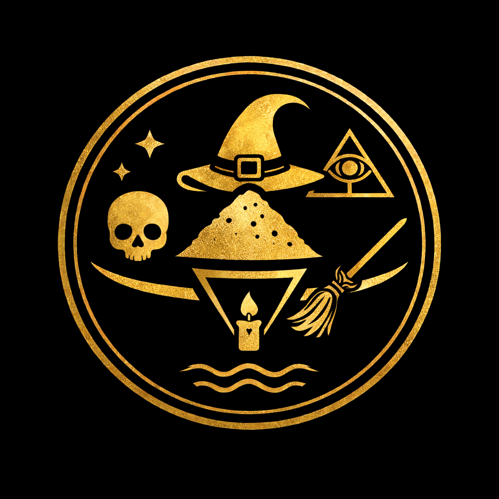 Contained ritual black salt with labeled ingredients, protective symbols, candle, and storage jar