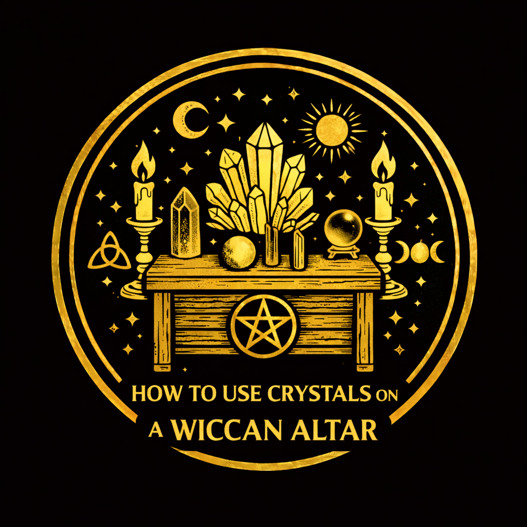 Wiccan altar with quarter stones, a central clear quartz, pentacle, chalice, wand, candles, and safe open working space