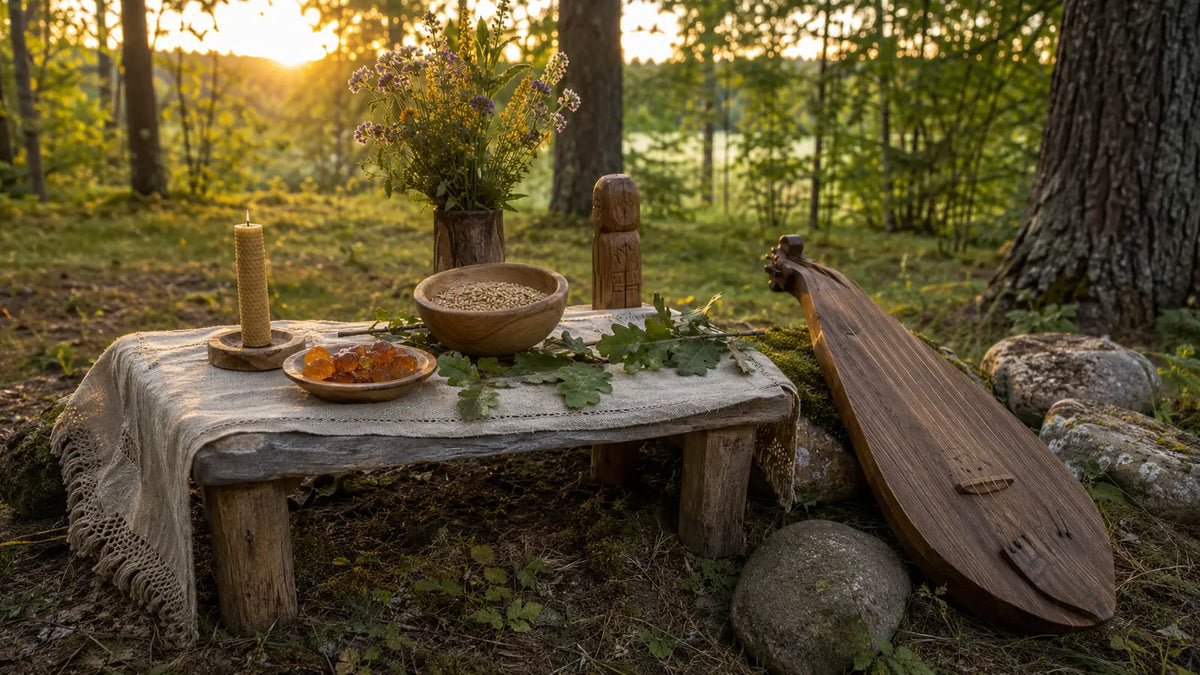 Baltic woodland altar with amber, oak leaves, grain, beeswax candle, woven linen, and a wooden string instrument