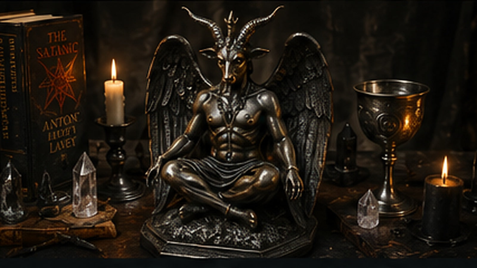 Baphomet statue displayed with candles, a ritual chalice, crystals, and occult books