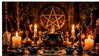 Beginner altar setup with candles, chalice, incense, crystals, small ritual vessel, and basic altar tools