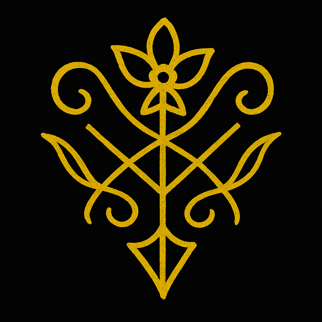 A golden sigil for “Beltane Flower Magic: Fertility Spells and Garden Rituals for May Day,” featuring a central five-petaled bloom, upward spirals, intersecting curves, and a downward-pointed root shape on a black background.