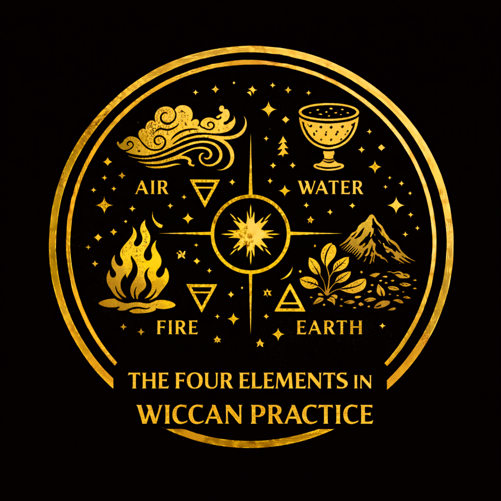 Wiccan altar arranged with Earth, Air, Fire, Water, and Spirit symbols, pentacle, bell, candle, and chalice