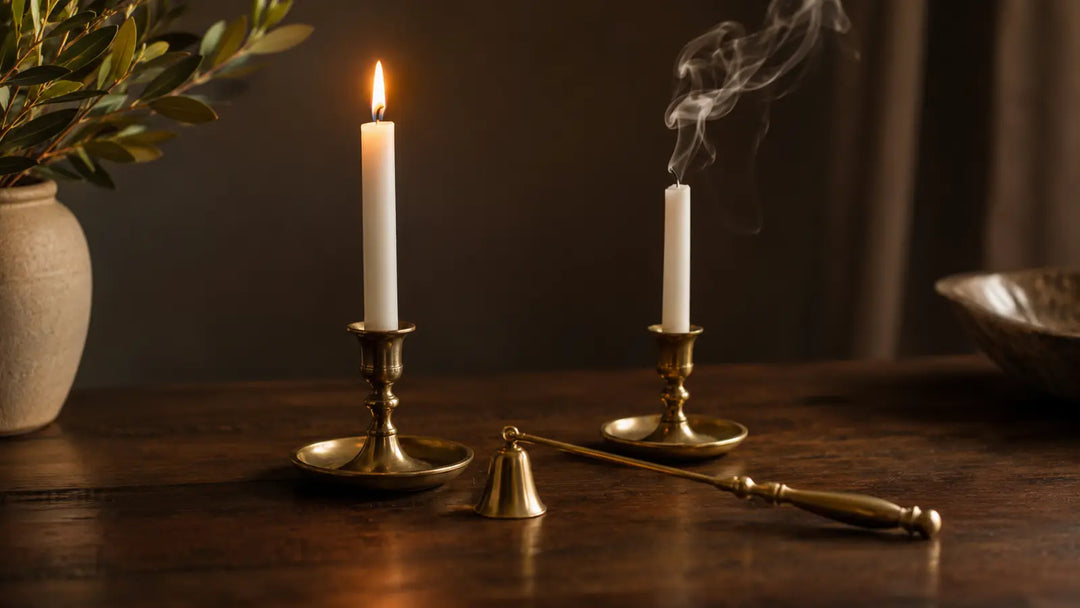 Brass candle snuffer beside one burning taper and one extinguished smoking candle