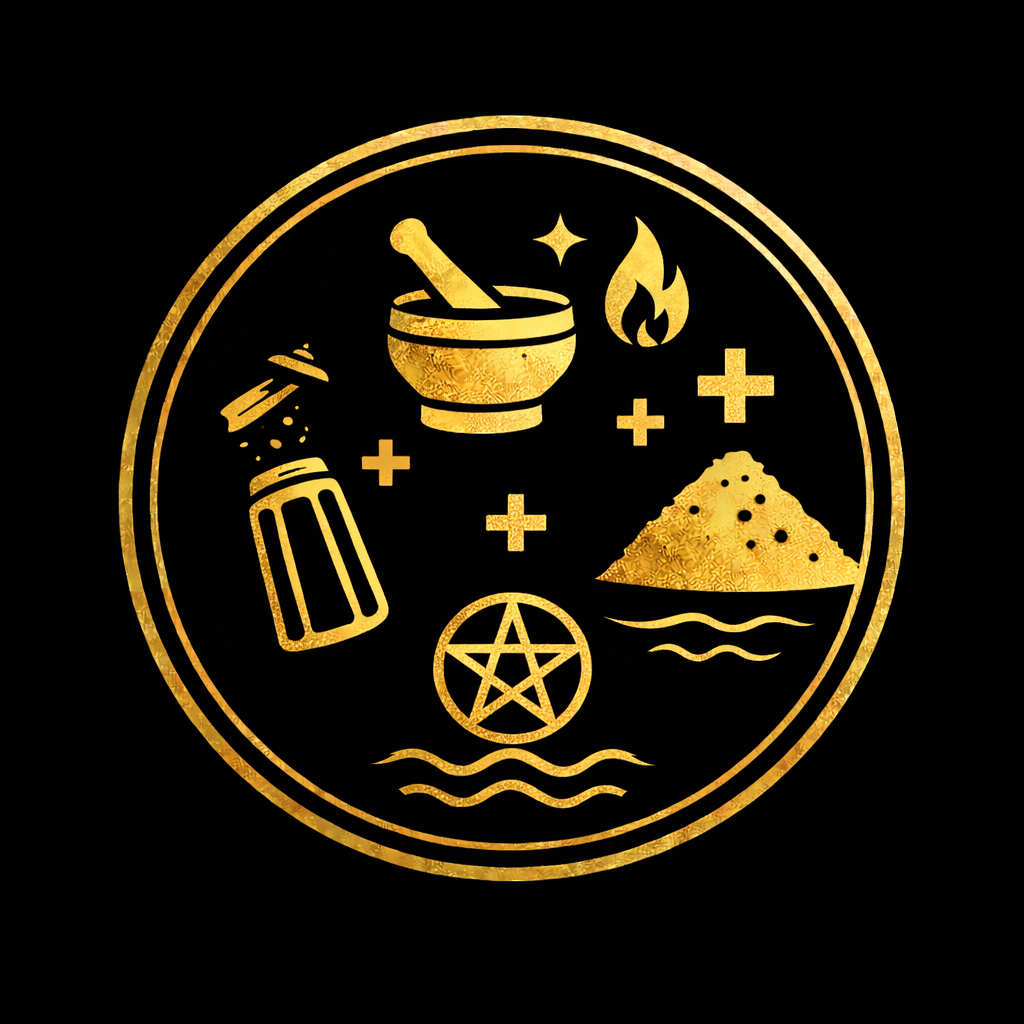 Small contained batch of ritual black salt with labeled salt, ash, charcoal, mortar, spoon, and storage jar