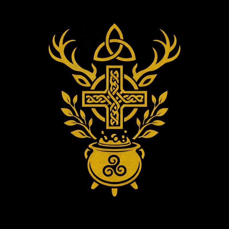 Celtic Pagan and Druid altar with a grove, sacred well, Brigid flame, Cernunnos imagery, ogham, and seasonal greenery
