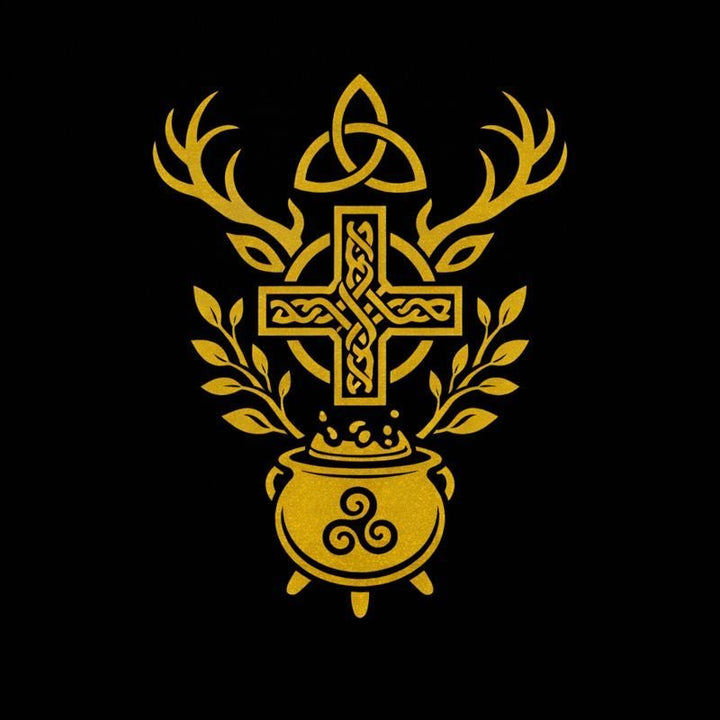 Celtic Pagan and Druid altar with a grove, sacred well, Brigid flame, Cernunnos imagery, ogham, and seasonal greenery
