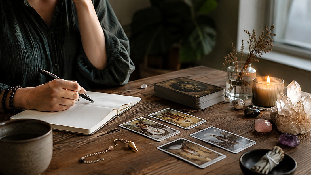 Tarot reader comparing several card layouts at a table with decks, crystals, and a journal