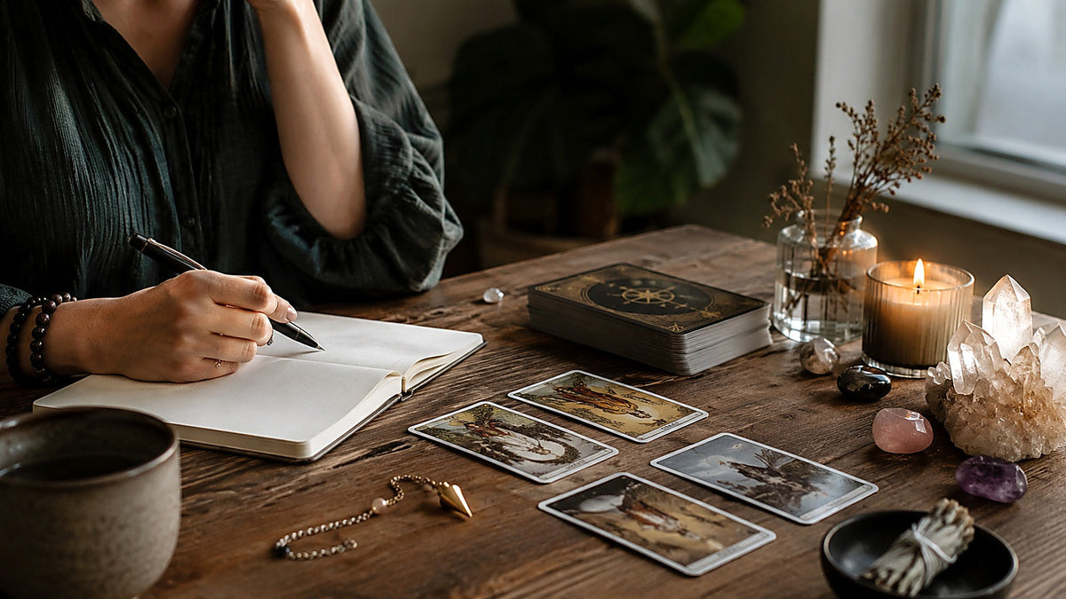Tarot reader comparing several card layouts at a table with decks, crystals, and a journal