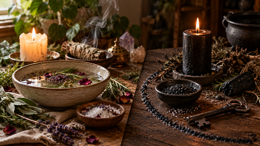 Cleansing setup with water, herbs, salt, and white candle beside a darker banishing setup with black candle, protective herbs, and iron key
