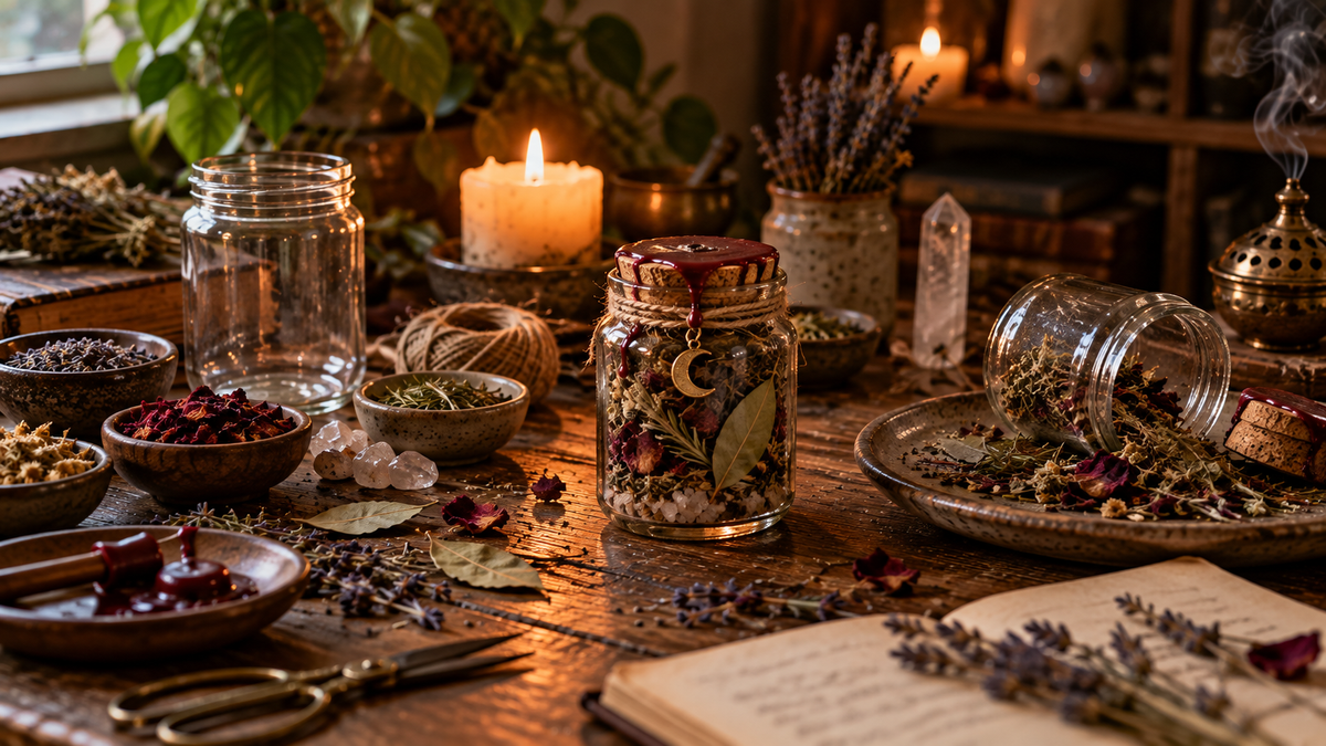 Spell jar with herbs, crystals, wax seal, empty jar, opened jar, and ritual materials illustrating a spell jar life cycle