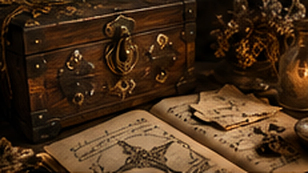 Ornate wooden mystery box beside handwritten occult papers in warm candlelight