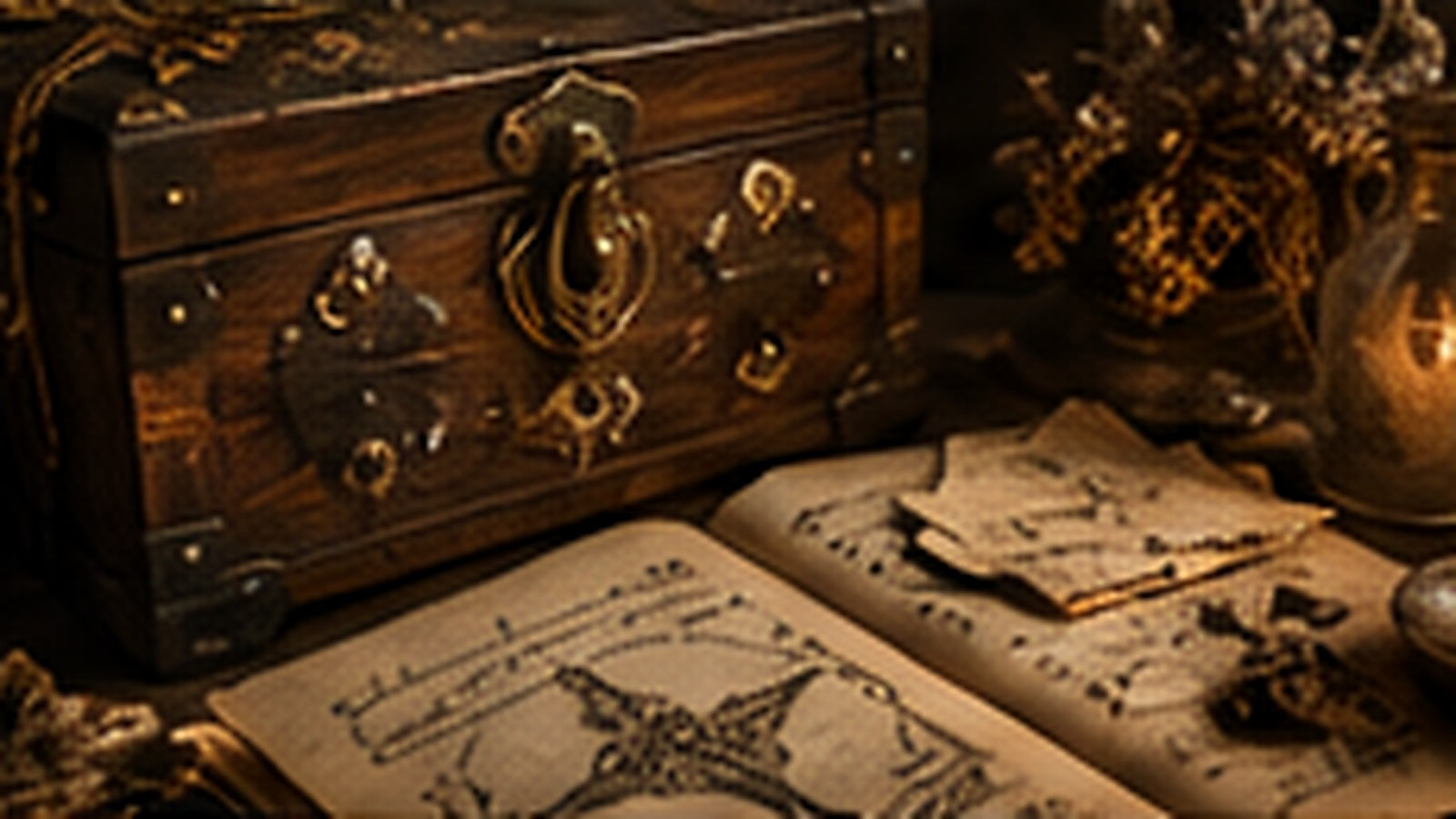 Ornate wooden mystery box beside handwritten occult papers in warm candlelight