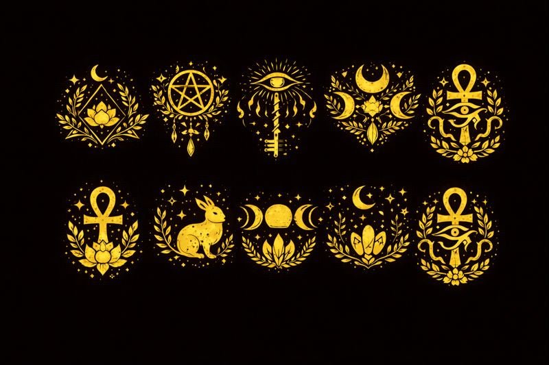 Deity correspondence reference with Celtic, Norse, Greek, Egyptian, and modern Pagan symbols, offerings, colors, and altar items