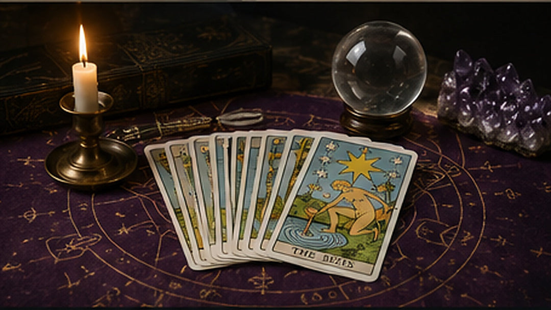Tarot cards, a crystal ball, candles, and crystals arranged for beginner divination practice