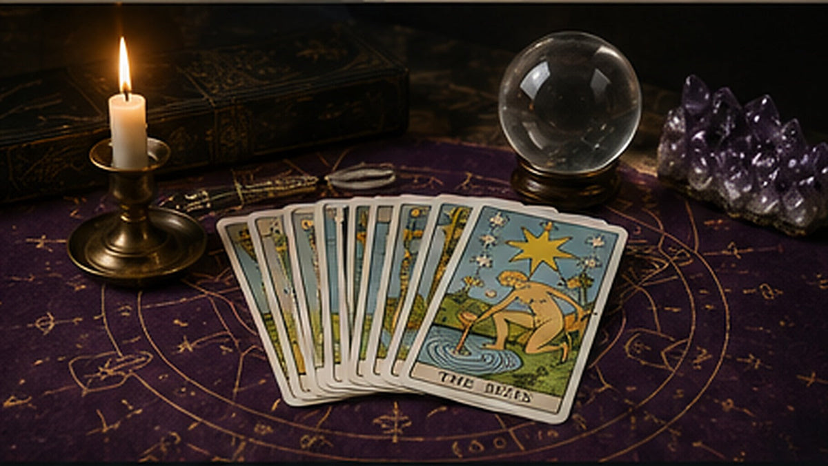 Tarot cards, a crystal ball, candles, and crystals arranged for beginner divination practice