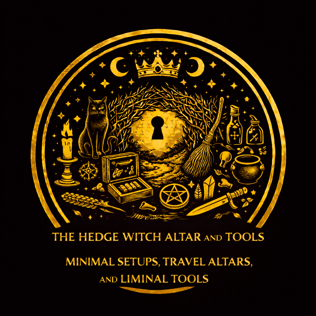 Hedge-witch altar with journal, key, scrying mirror, LED candle, offering bowl, labeled herbs, broom, and grounding stone