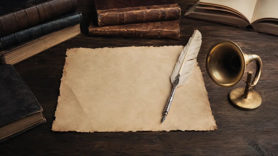Blank parchment, quill, old books, and brass listening horn arranged for studying the Enochian alphabet and pronunciation