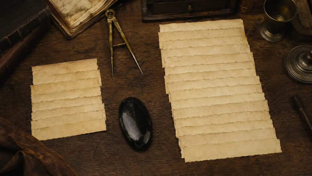 Two groups of blank parchment slips with a black scrying stone and brass dividers comparing the Enochian Calls and Aethyrs
