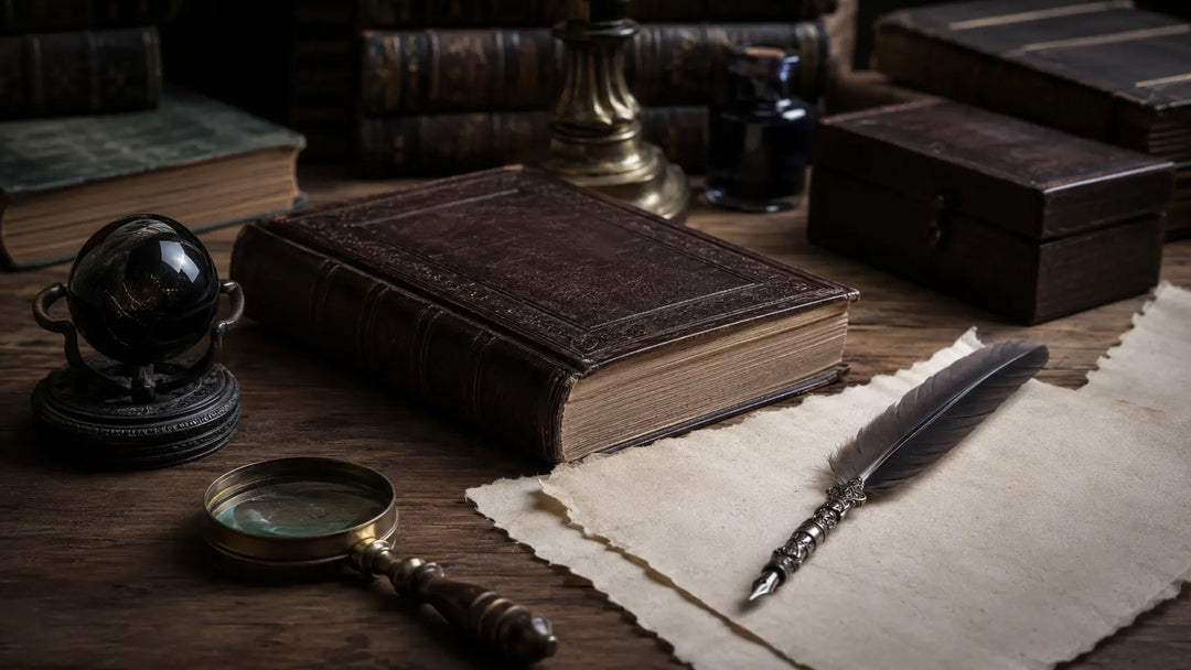 Closed leather book, blank parchment, quill, magnifying glass, and black scrying stone arranged for beginner Enochian study