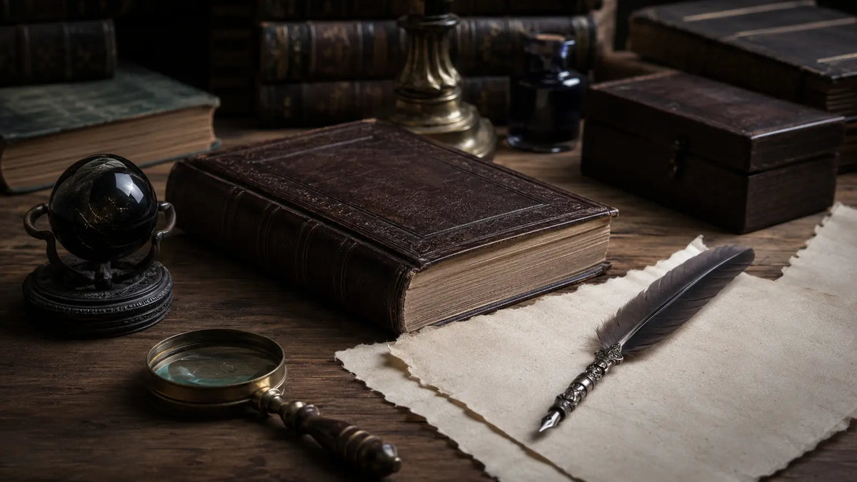 Closed leather book, blank parchment, quill, magnifying glass, and black scrying stone arranged for beginner Enochian study