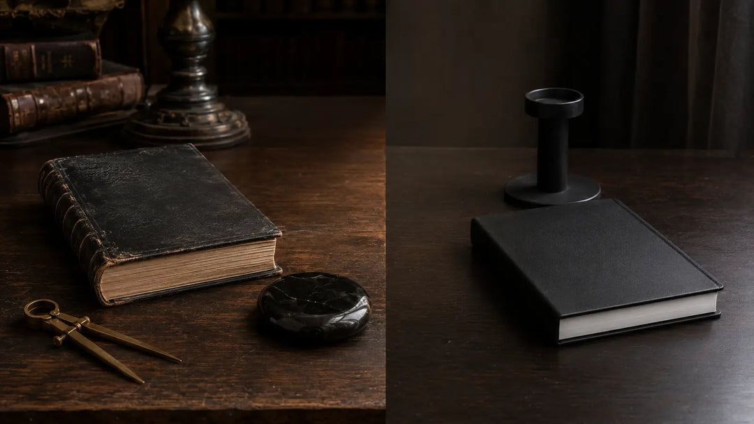 Two black books with an obsidian scrying stone, brass dividers, and candleholder arranged to compare Enochian traditions