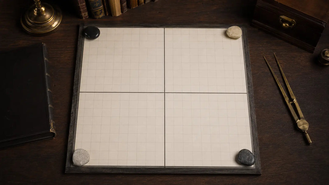 Blank grid board divided into four quarters with stones and brass dividers for comparing Enochian Watchtowers and Wiccan quarters