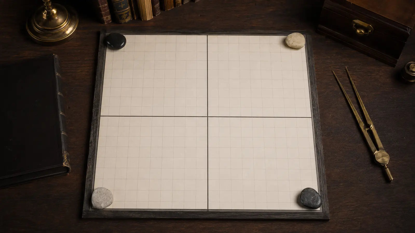 Blank grid board divided into four quarters with stones and brass dividers for comparing Enochian Watchtowers and Wiccan quarters