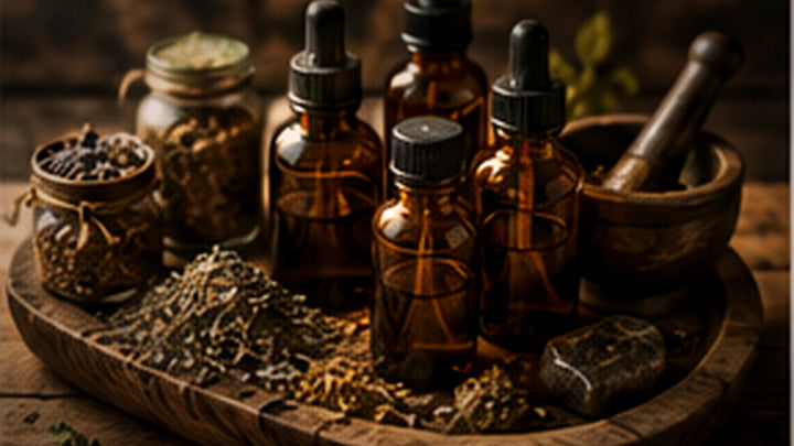 Amber dropper bottles, herbs, and a mortar arranged for comparing essential, fragrance, carrier, and ritual oils