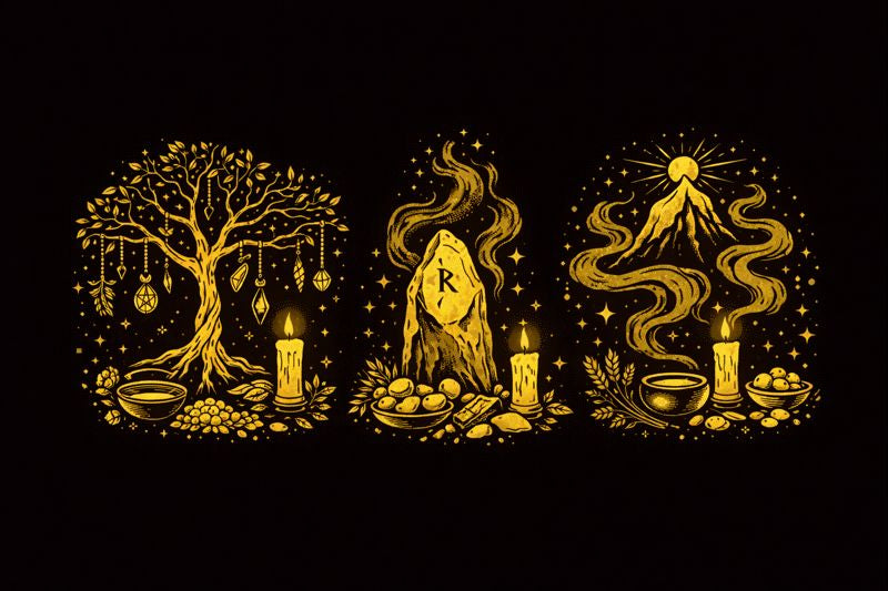 Tree, stone, river, meadow, and mountain used to illustrate low-impact offerings for natural spirits