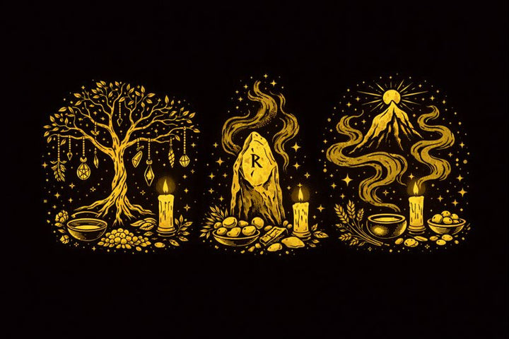 Tree, stone, river, meadow, and mountain used to illustrate low-impact offerings for natural spirits