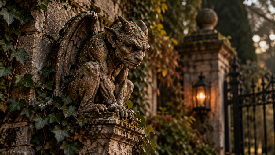 Weathered stone gargoyle guardian on an ivy-covered wall beside an old gate and lantern at dusk