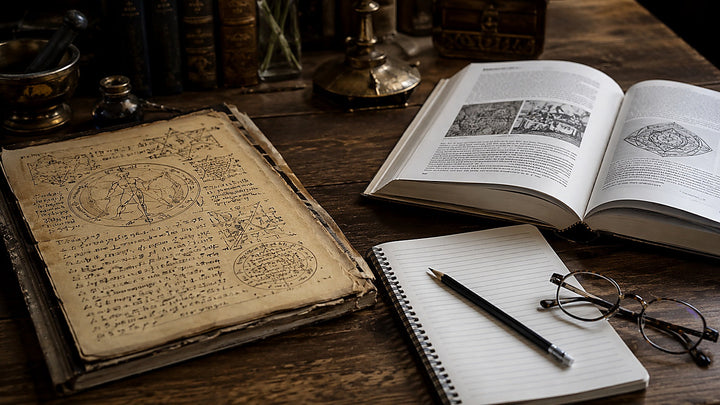 Old magical manuscript, reference books, notebook, pen, and reading glasses arranged for studying the Greek Magical Papyri