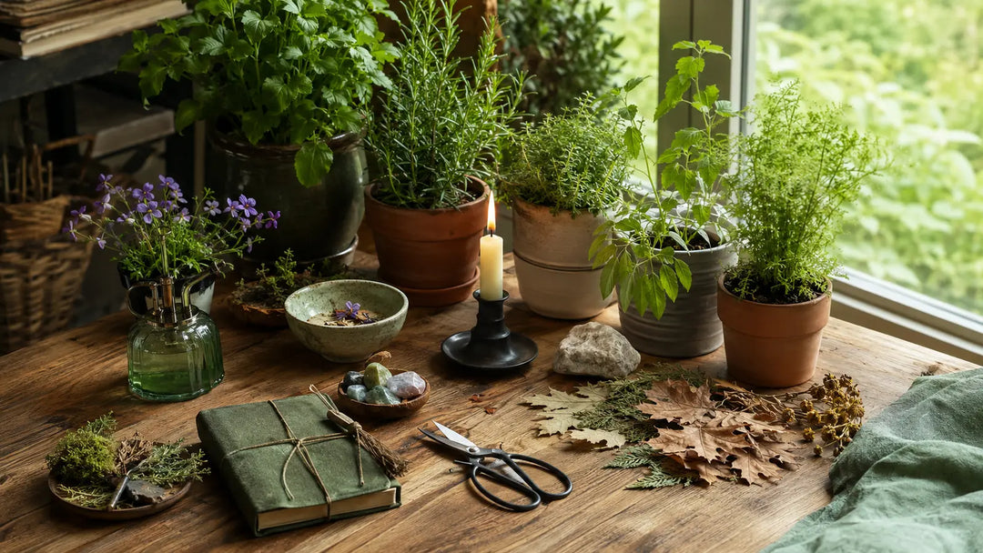 Green witch altar with living potted herbs, candle, bowl, stones, closed scissors, water mister, and seasonal leaves